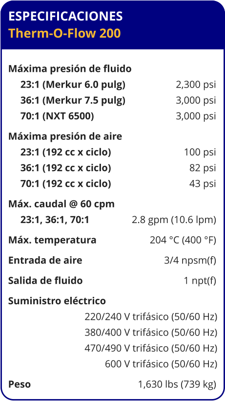 ESPECIFICACIONES Therm-O-Flow 200  Máxima presión de fluido	 23:1 (Merkur 6.0 pulg)	2,300 psi 36:1 (Merkur 7.5 pulg)	3,000 psi 70:1 (NXT 6500)	3,000 psi Máxima presión de aire	 23:1 (192 cc x ciclo)	100 psi 36:1 (192 cc x ciclo)	82 psi 70:1 (192 cc x ciclo)	43 psi Máx. caudal @ 60 cpm	 23:1, 36:1, 70:1 	2.8 gpm (10.6 lpm) Máx. temperatura	204 °C (400 °F) Entrada de aire	3/4 npsm(f) Salida de fluido	1 npt(f) Suministro eléctrico 	 220/240 V trifásico (50/60 Hz) 380/400 V trifásico (50/60 Hz) 470/490 V trifásico (50/60 Hz) 600 V trifásico (50/60 Hz) Peso	1,630 lbs (739 kg)