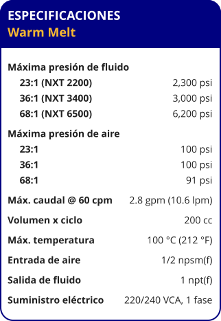 ESPECIFICACIONES Warm Melt  Máxima presión de fluido	 23:1 (NXT 2200)	2,300 psi 36:1 (NXT 3400)	3,000 psi 68:1 (NXT 6500)	6,200 psi Máxima presión de aire	 23:1	100 psi 36:1	100 psi 68:1	91 psi Máx. caudal @ 60 cpm	2.8 gpm (10.6 lpm) Volumen x ciclo	200 cc Máx. temperatura	100 °C (212 °F) Entrada de aire	1/2 npsm(f) Salida de fluido	1 npt(f) Suministro eléctrico 	220/240 VCA, 1 fase