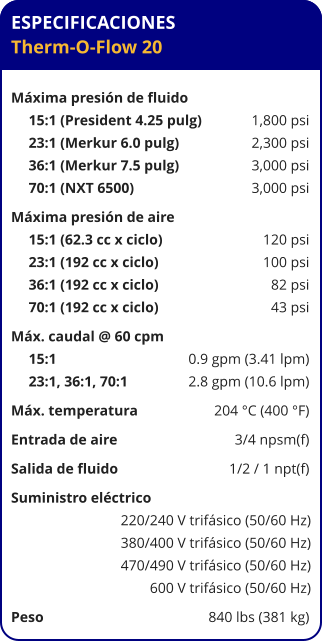 ESPECIFICACIONES Therm-O-Flow 20  Máxima presión de fluido	 15:1 (President 4.25 pulg)	1,800 psi 23:1 (Merkur 6.0 pulg)	2,300 psi 36:1 (Merkur 7.5 pulg)	3,000 psi 70:1 (NXT 6500)	3,000 psi Máxima presión de aire	 15:1 (62.3 cc x ciclo)	120 psi 23:1 (192 cc x ciclo)	100 psi 36:1 (192 cc x ciclo)	82 psi 70:1 (192 cc x ciclo)	43 psi Máx. caudal @ 60 cpm	 15:1 	0.9 gpm (3.41 lpm) 23:1, 36:1, 70:1 	2.8 gpm (10.6 lpm) Máx. temperatura	204 °C (400 °F) Entrada de aire	3/4 npsm(f) Salida de fluido	1/2 / 1 npt(f) Suministro eléctrico 	 220/240 V trifásico (50/60 Hz) 380/400 V trifásico (50/60 Hz) 470/490 V trifásico (50/60 Hz) 600 V trifásico (50/60 Hz) Peso	840 lbs (381 kg)