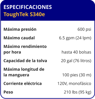 ESPECIFICACIONES ToughTek S340e	  Máxima presión	600 psi Máximo caudal	6.5 gpm (24 lpm) Máximo rendimiento por hora	hasta 40 bolsas Capacidad de la tolva	20 gal (76 litros) Máxima longitud de la manguera	100 pies (30 m) Corriente eléctrica	120V, monofásico Peso	210 lbs (95 kg)