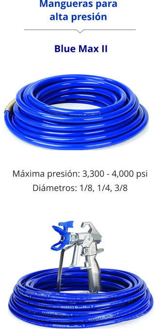 Mangueras para alta presión Blue Max II Máxima presión: 3,300 - 4,000 psi Diámetros: 1/8, 1/4, 3/8