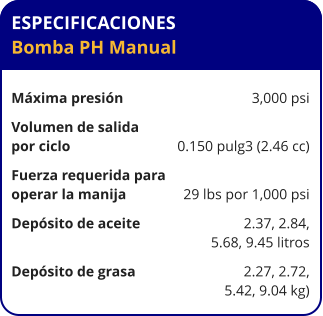 ESPECIFICACIONES Bomba PH Manual  Máxima presión	3,000 psi Volumen de salida  por ciclo	0.150 pulg3 (2.46 cc) Fuerza requerida para  operar la manija	29 lbs por 1,000 psi Depósito de aceite	2.37, 2.84, 	5.68, 9.45 litros Depósito de grasa	2.27, 2.72, 	5.42, 9.04 kg)