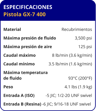 ESPECIFICACIONES Pistola GX-7 400	  Material	Recubrimientos Máxima presión de fluido	3,500 psi Máxima presión de aire	125 psi Caudal máximo	8 lb/min (3.6 kg/min) Caudal mínimo	3.5 lb/min (1.6 kg/min) Máxima temperatura  de fluido	93°C (200°F) Peso	4.1 lbs (1.9 kg) Entrada A (ISO)	-5 JIC; 1/2-20 UNF swivel Entrada B (Resina)	-6 JIC; 9/16-18 UNF swivel